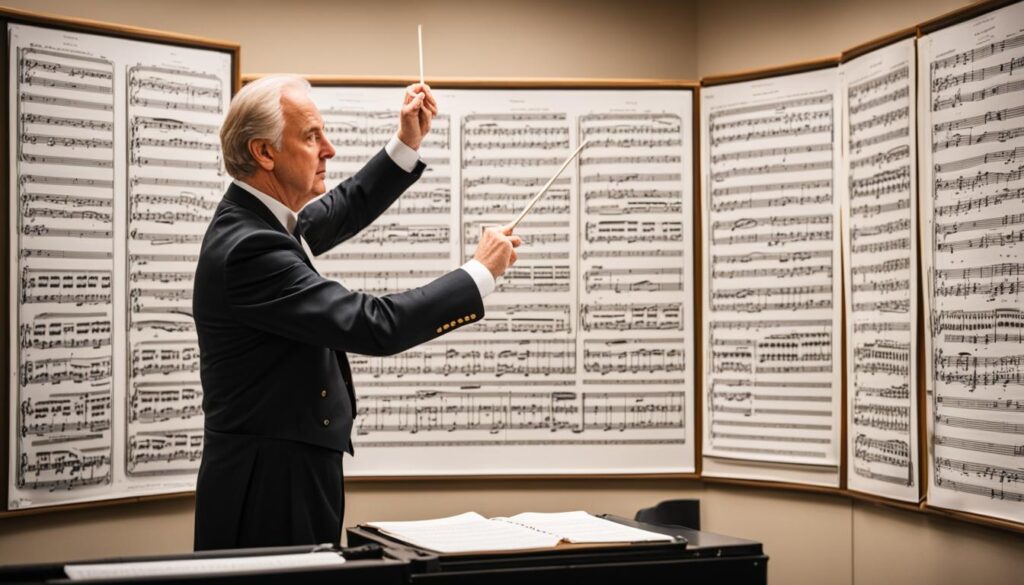 conductor studying complex rhythms in score